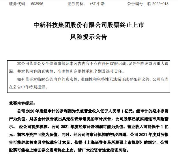 *ST中新（603996）：公司股票可能被上海证券交易所终止上市